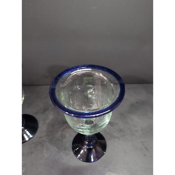 Hand Blown Glass Wine Goblets, Cobalt Blue Rim & Base, Bubbles Design, Drinkware - Picture 8 of 9